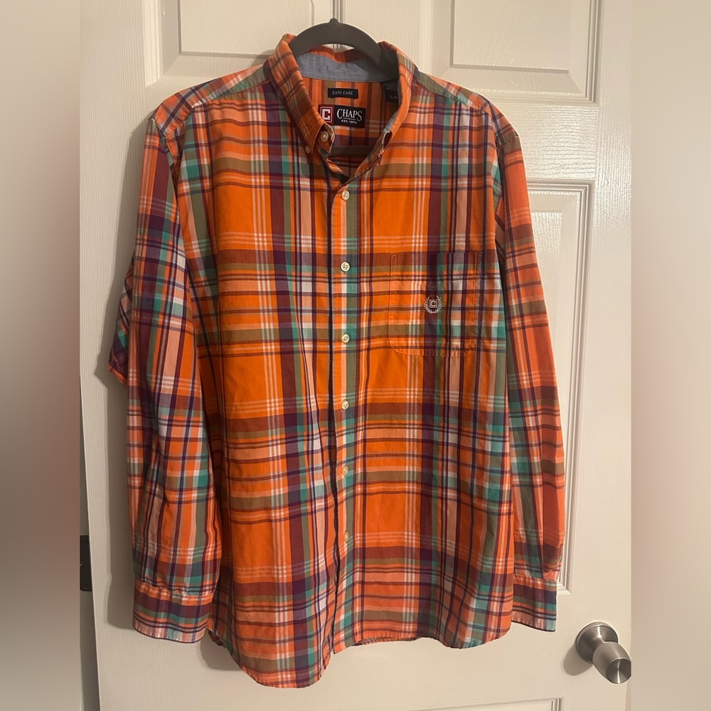 Chaps Button-Down Madras Plaid Orange Multi-Color Shirt